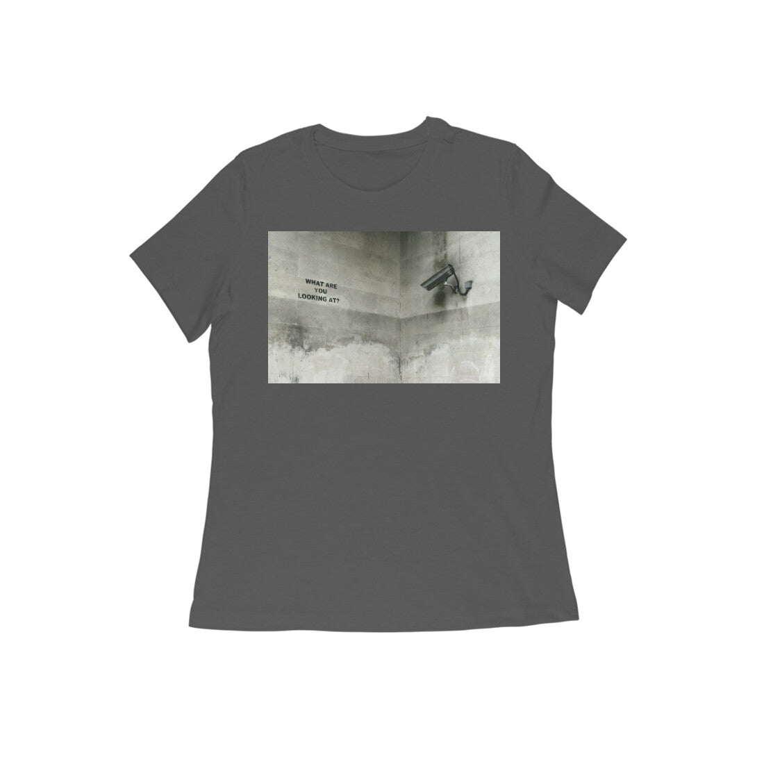 CCTV women's 180 GSM cotton graphic T-shirt in Charcoal Grey, front view | DHEET Wears