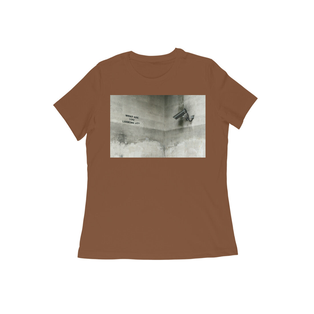 CCTV women's 180 GSM cotton graphic T-shirt in Coffee Brown, front view | DHEET Wears