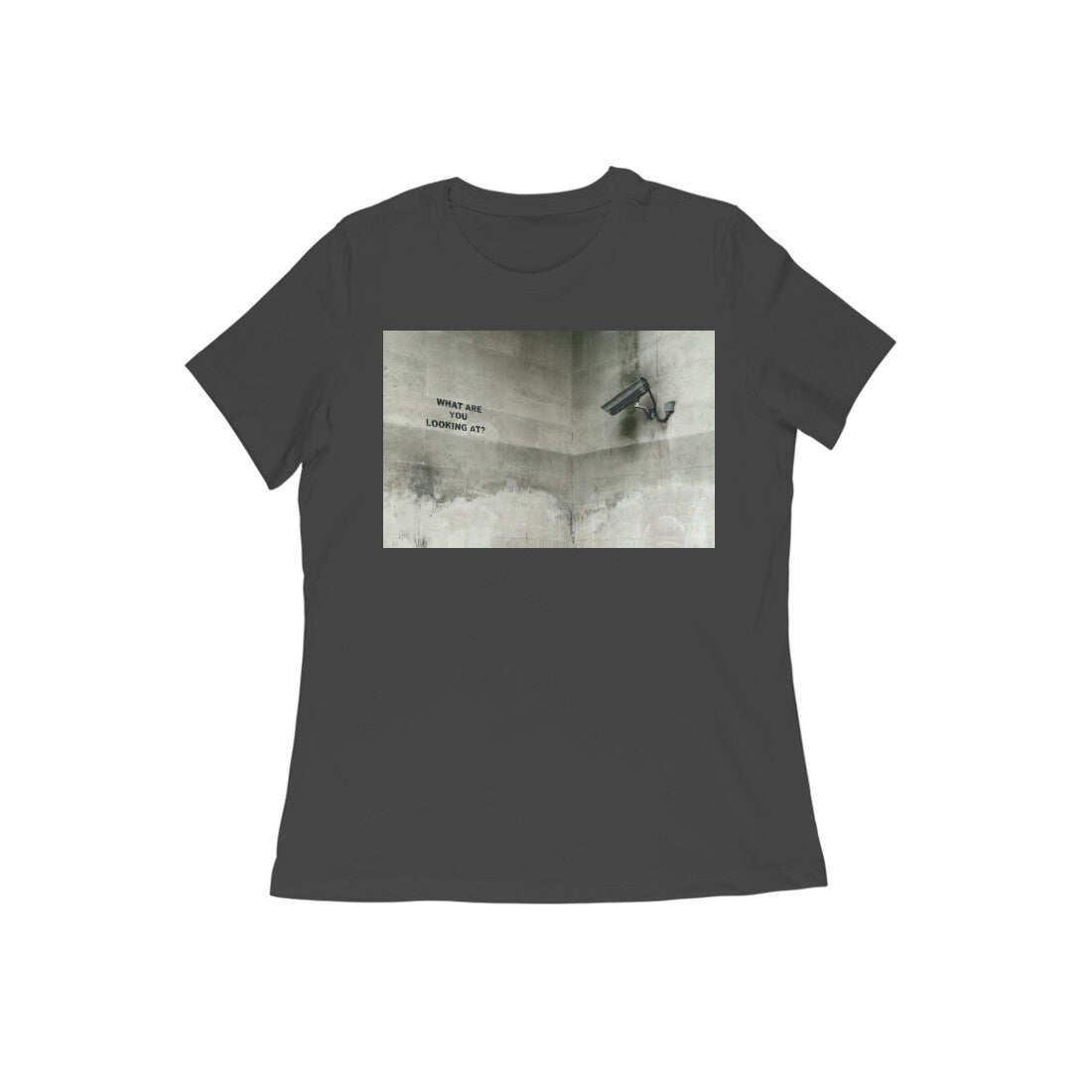 CCTV women's 180 GSM cotton graphic T-shirt in Black, front view | DHEET Wears