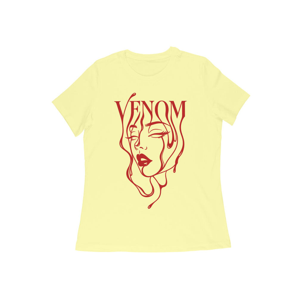 Venom women's 180 GSM cotton graphic T-shirt in Butter Yellow, front view | DHEET Wears