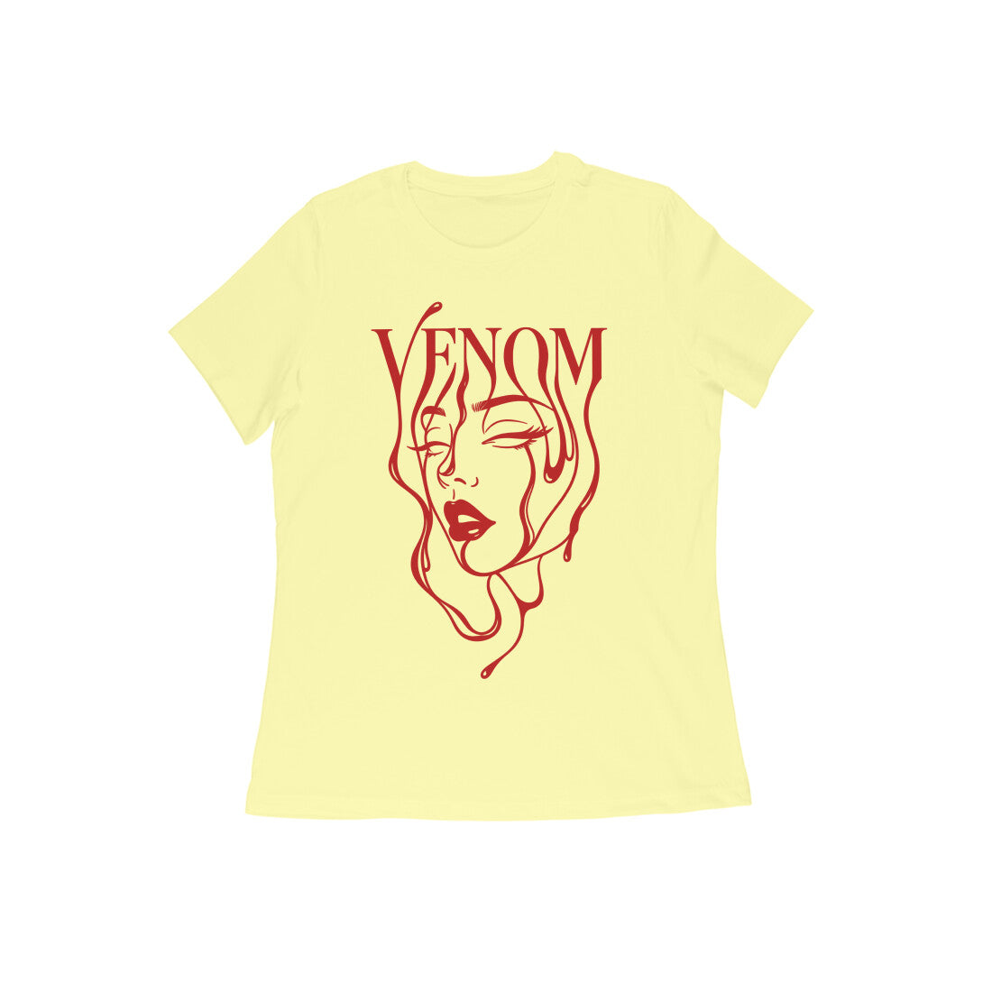 Venom women's 180 GSM cotton graphic T-shirt in Butter Yellow, front view | DHEET Wears