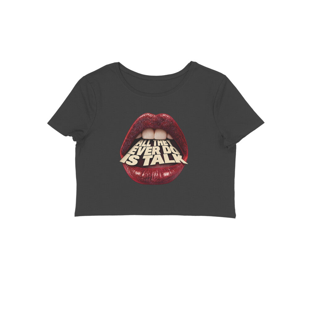 Let Em Talk women's 180 GSM cotton crop top in Black, front view | DHEET Wears