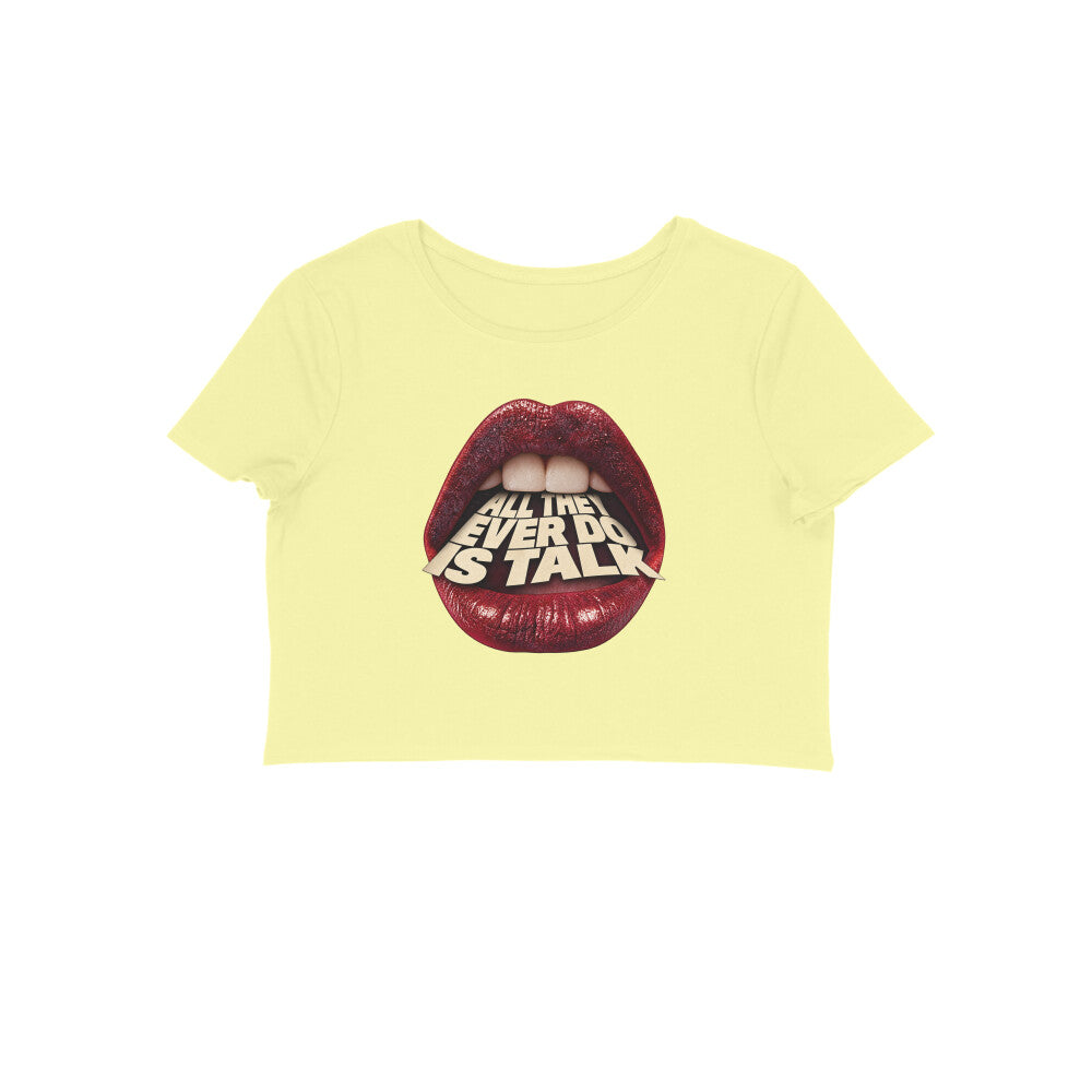 Let Em Talk women's 180 GSM cotton crop top in Butter Yellow, front view | DHEET Wears